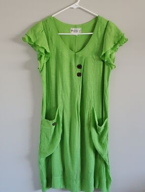 Vintage Vibrant Lime Green V-Neck Midi Silk Cotton Dress with Ruffle Sleeves S M